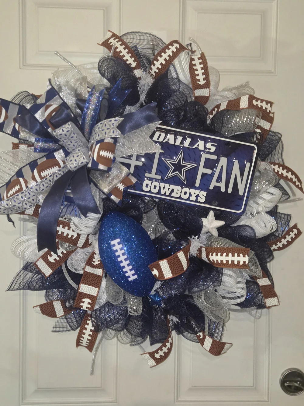 NFL Dallas Cowboys Navy Blue, Silver & Brown Football Fan Wreath